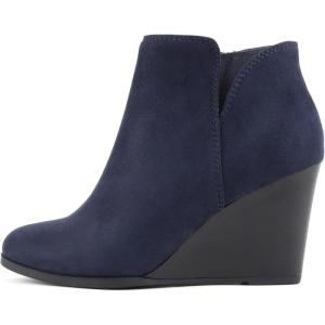 Soda Ability – Mid Ankle Bootie w/Split Shaft and Zipper Stacked Wedge Heel(Navy Imsu)
