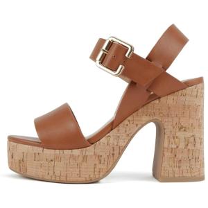 Soda “Annual” ~ Women Open Round Toe Single Band High Heel Notch Wedge Sandals with Adjustable Ankle Strap(Tan Pu)