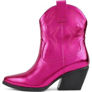 Soda “BLAZING” ~ Women Western Bootie Pointe Toe with Low Heel (Wide Fit Available)(Magenta Metallic Pu)