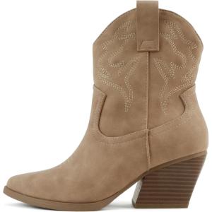 Soda “BLAZING” ~ Women Western Bootie Pointe Toe with Low Heel (Wide Fit Available)(Taupe Pu)
