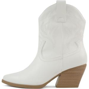Soda “BLAZING” ~ Women Western Bootie Pointe Toe with Low Heel (Wide Fit Available)(White/Nude)