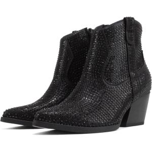 Soda “BREW” ~ Women Pointed Toe Low Heel Rhinestone Western Ankle Boot with Side Zipper(Black)