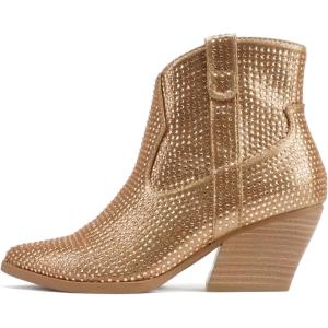 Soda “BREW” ~ Women Pointed Toe Low Heel Rhinestone Western Ankle Boot with Side Zipper(Bronze)