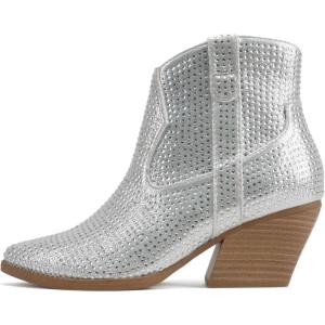 Soda “BREW” ~ Women Pointed Toe Low Heel Rhinestone Western Ankle Boot with Side Zipper(Silver)