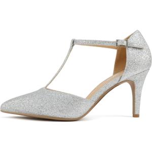 Soda Bahia ~ Women Pointed Toe Closed Back Counter Stiletto Mid Heel T-Strap Pump Shoe(Silver Glitter)