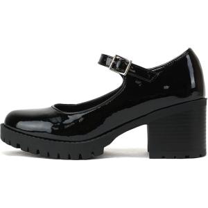 Soda “Boxer” ~ Women Mary Jane Round Toe Chunky Block Heel Lug Sole Pump with Adjustable Strap(Black Patent)