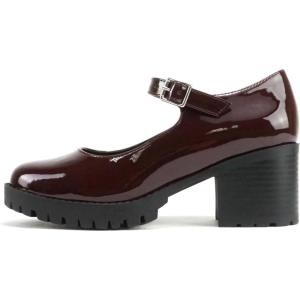 Soda “Boxer” ~ Women Mary Jane Round Toe Chunky Block Heel Lug Sole Pump with Adjustable Strap(Dark Burgundy Patent)