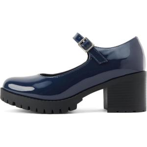Soda “Boxer” ~ Women Mary Jane Round Toe Chunky Block Heel Lug Sole Pump with Adjustable Strap(Navy Patent)