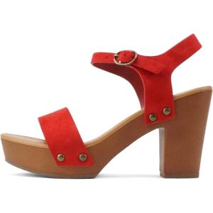 Soda CHIVAS ~ Women’s Bold Buckles Studded Wedge Sandal(Fire Red Suede)