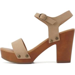 Soda CHIVAS ~ Women’s Bold Buckles Studded Wedge Sandal(Natural Nubuck)