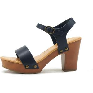 Soda CHIVAS ~ Women’s Bold Buckles Studded Wedge Sandal(Navy Pu)