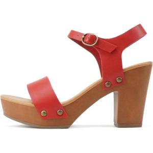 Soda CHIVAS ~ Women’s Bold Buckles Studded Wedge Sandal(Red Pu)