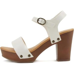 Soda CHIVAS ~ Women’s Bold Buckles Studded Wedge Sandal(White Pu)