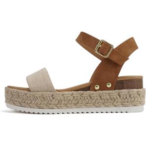 Soda CLIP ~ Women Open Toe Ankle Strap Platform Espadrille Sandal(Beige Canvas/Tan)