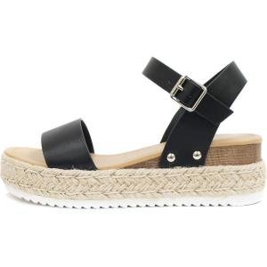 Soda CLIP ~ Women Open Toe Ankle Strap Platform Espadrille Sandal(Black New)