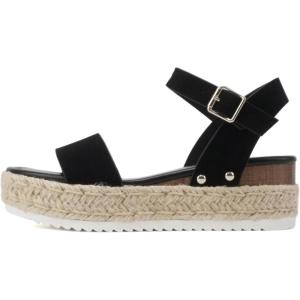 Soda CLIP ~ Women Open Toe Ankle Strap Platform Espadrille Sandal(Black Nubuck)