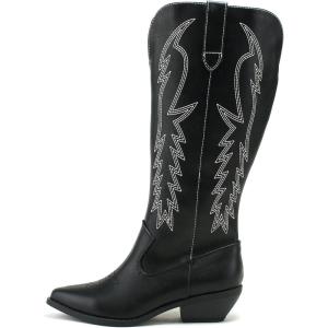 Soda COWBOY ~ Women Western Stitched Pointe Toe Mid Heel Tall Shaft Fashion Boots(Black Pu)