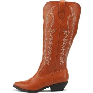 Soda COWBOY ~ Women Western Stitched Pointe Toe Mid Heel Tall Shaft Fashion Boots(Cognac Pu)