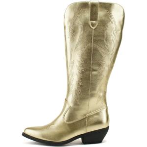 Soda COWBOY ~ Women Western Stitched Pointe Toe Mid Heel Tall Shaft Fashion Boots(Gold Pu)