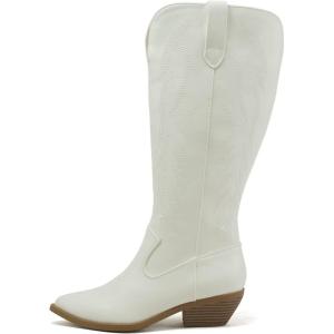 Soda COWBOY ~ Women Western Stitched Pointe Toe Mid Heel Tall Shaft Fashion Boots(White Pu)