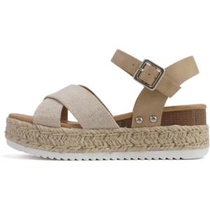 Soda “FIRELY” ~ Women Round Toe Crisscross Band Platform Espadrille Wedge Sandal with Adjustable Ankle Strap(Beige Canvas/Taupe)