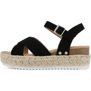 Soda “FIRELY” ~ Women Round Toe Crisscross Band Platform Espadrille Wedge Sandal with Adjustable Ankle Strap(Black Nubuck)