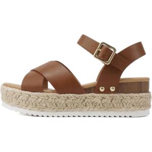 Soda “FIRELY” ~ Women Round Toe Crisscross Band Platform Espadrille Wedge Sandal with Adjustable Ankle Strap(Tan Pu)
