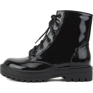 Soda FIRM-2 KIDS/CHILDREN/GIRLS Lug Sole Fashion Combat Ankle Bootie Lace up w/Side Zipper(Patent Black)