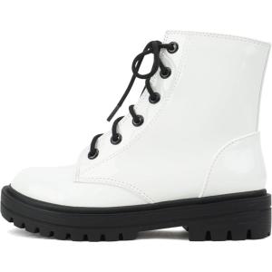 Soda FIRM-2 KIDS/CHILDREN/GIRLS Lug Sole Fashion Combat Ankle Bootie Lace up w/Side Zipper(White Patent/Black)
