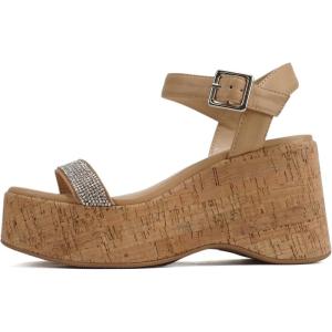 Soda “FRAYA” ~ Women Open Square Toe Platform Flatform Rhinestone Single Band Ankle Strap Wedge Sandal(Dark Natural Cork)