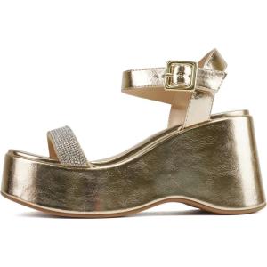Soda “FRAYA” ~ Women Open Square Toe Platform Flatform Rhinestone Single Band Ankle Strap Wedge Sandal(Gold Metallic Pu)