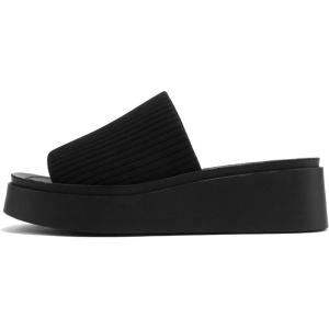 Soda “Farley” ~ Women Open Square Toe Elastic Upper Platform Slide Sandal(Black Fabric)
