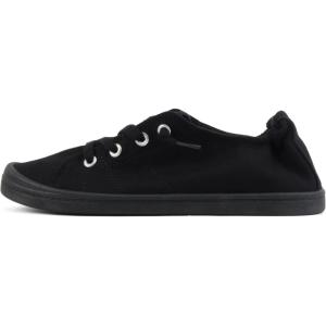 Soda Flat Women Shoes Linen Canvas Slip On Sneakers Lace Up Style Loafers Zig-S(All Black)