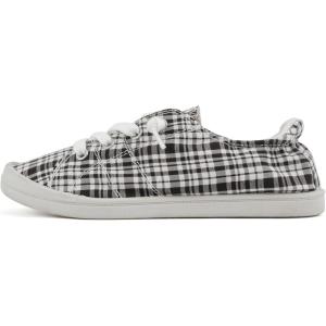 Soda Flat Women Shoes Linen Canvas Slip On Sneakers Lace Up Style Loafers Zig-S(Black/White Plaid)