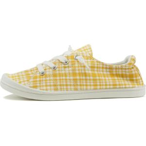 Soda Flat Women Shoes Linen Canvas Slip On Sneakers Lace Up Style Loafers Zig-S(Mustard/White Plaid)