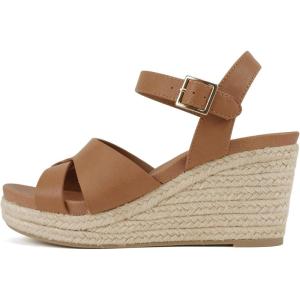 Soda “Front” ~ Women Round Toe Cross Band Low Heel Espadrille Wedge Sandal with Adjustable Ankle Strap(Cognac Pu)
