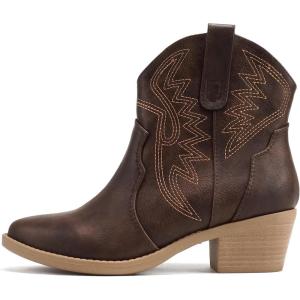Soda “GESSO” ~ Women Pointed Toe Stitch Slip-On Low Stack Heel Ankle Western Boot(Brown Pu)