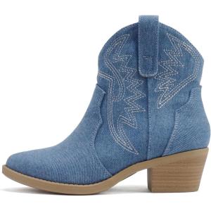 Soda “GESSO” ~ Women Pointed Toe Stitch Slip-On Low Stack Heel Ankle Western Boot(Denim Blue)
