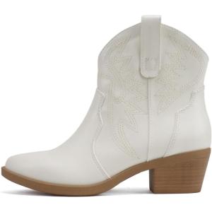 Soda “GESSO” ~ Women Pointed Toe Stitch Slip-On Low Stack Heel Ankle Western Boot(White Pu)
