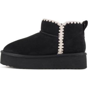Soda “Groove” ~ Women Round Toe Lug Sole Low Flatform Sherpa-lined Ankle Bootie with Stitch Detail(Black Imitation Suede)