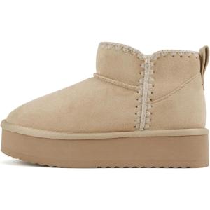 Soda “Groove” ~ Women Round Toe Lug Sole Low Flatform Sherpa-lined Ankle Bootie with Stitch Detail(Oatmeal Imitation Suede)