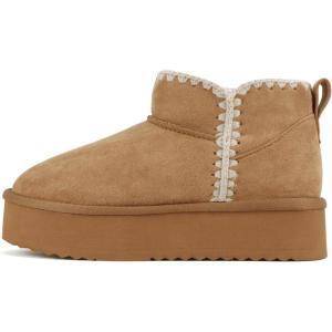 Soda “Groove” ~ Women Round Toe Lug Sole Low Flatform Sherpa-lined Ankle Bootie with Stitch Detail(Tan Imitation Suede)