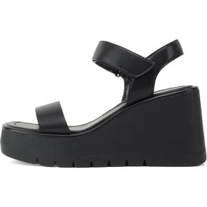 Soda HITTO ~ Women Open Square Toe Single Band Hook & Loop Ankle Strap Lug Sole Wedge Sandal(Black Pu)