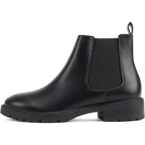Soda “HOPPER” ~ Women Round Toe Double Elastic Gore Lug Sole Low Heel Chelsea Ankle Boot Bootie(Black Pu)