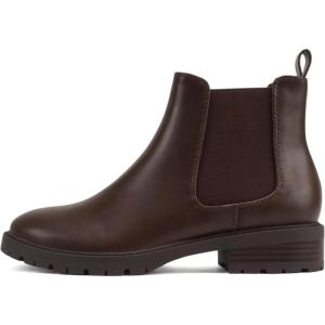 Soda “HOPPER” ~ Women Round Toe Double Elastic Gore Lug Sole Low Heel Chelsea Ankle Boot Bootie(Brown Pu)