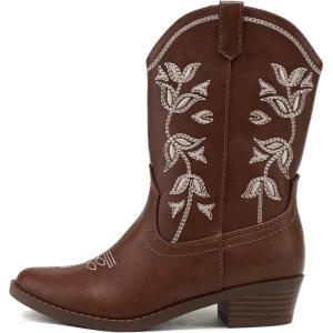 Soda INCH-2 Kids/Girls/Children Western Cowboy Stitched Pointe Toe Block Low Heel Ankle Mid Shaft Fashion Boots(D-tan Pu)