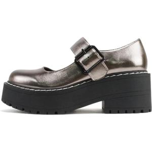 Soda “LOAF” ~ Women Round Toe Lug Sole Low Platform Heel Mary Jane Pump Shoe with Adjustable Ankle Strap(Gunmetal Metallic Pu)