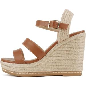 Soda “Lavina” ~ Women Open Square Toe Multi Band High Heel Espadrille Wedge Sandal with Adjustable Ankle Strap(Tan Pu)