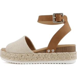 Soda Little Kids/Children/Girls Topic-IIS Espadrille Flatform Wedge Open Toe Sandals(Beige Canvas/Tan)