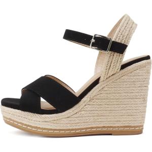 Soda MELANY ~ Women Open Toe Crisscross Two Bands Upper Ankle Strap High Heel Espadrille Wedge Sandal(Black Nubuck)